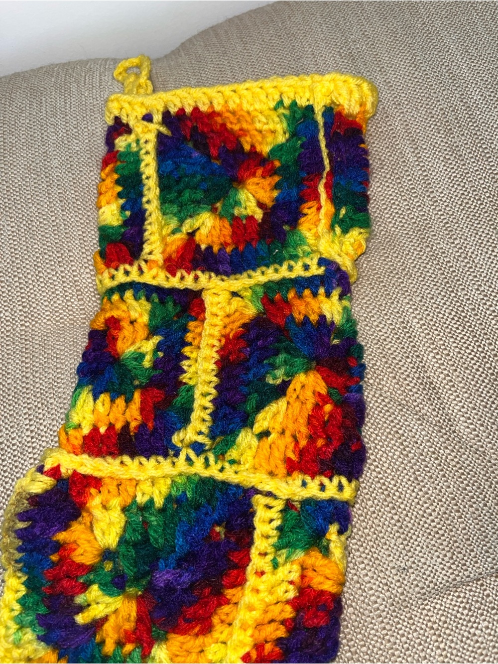 Handmade Multicolor Crochet Christmas Stocking - Yellow Trim - Picture 2 of 3